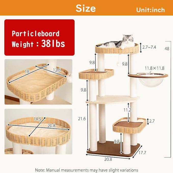 48'' Cat Tree for Large Cats, Modern Cat Tree Multi-Level Condo with Natural Wood, Cat Activity Centre for Medium and Big Pets-PurrikoPets