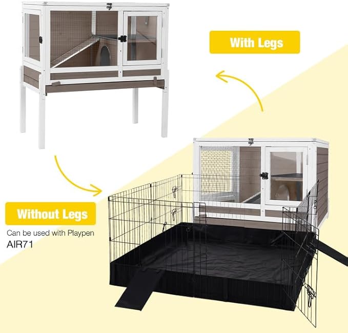Aivituvin Wooden Guinea Pig Cages Indoor with Removable Stand, Anti Chewing Rabbit Hutch with Ramp and Wire Mesh, 2 Story Small Animals House Habitat with Pull Out Tray (Brown)-PurrikoPets
