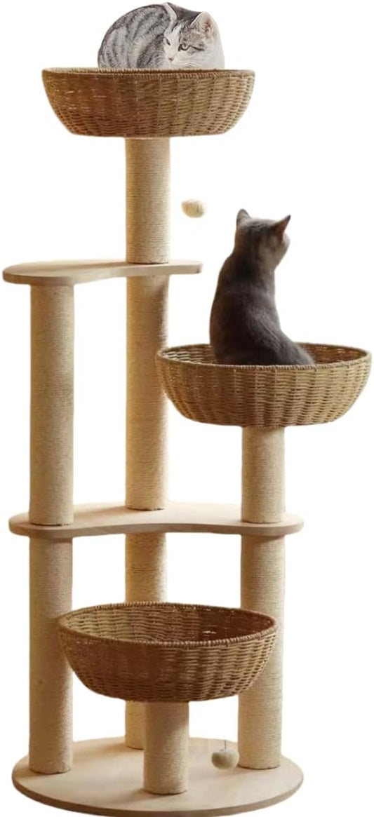 54" Large Modern Cat Trees, Luxury Rattan Oak Solid Wood Cat Trees Towers，3 Weaving Cat Nests & Washable Cool Cushions, Sisal Scratching Posts,Cat Condo for Indoor Cats- Wood Wax Oil Version-PurrikoPets