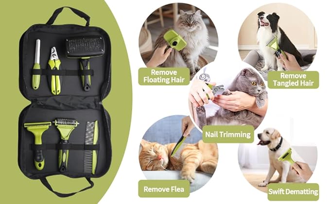 6 PCS Dog and Cat Grooming Kit, Versatile Tools Including Shedding Brush, Nail Clipper with Nail File, Slicker Brush, Dematting Comb-PurrikoPets