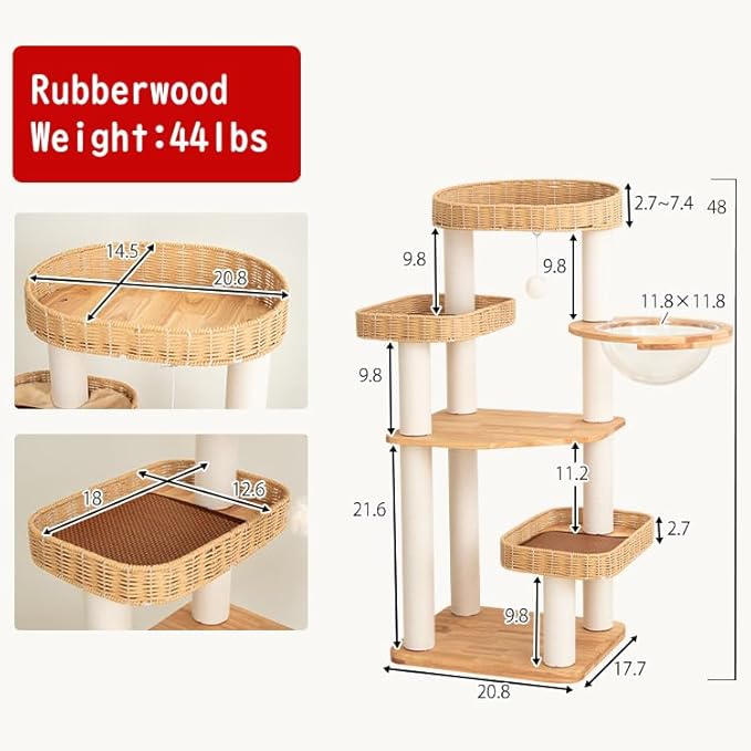 48'' Cat Tree for Large Cats, Modern Cat Tree Multi-Level Condo with Natural Wood, Cat Activity Centre for Medium and Big Pets (White LS02)-PurrikoPets