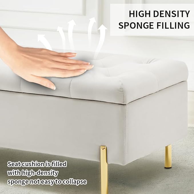 45.6 Inch Velvet Storage Bench Upholstered Tufted Settee Ottoman Bench with Storage, Bed End Bench with Soft Close Lid, for Bedroom, Living Room, Entryway, Rectangular Accent Bench, Beige-PurrikoPets