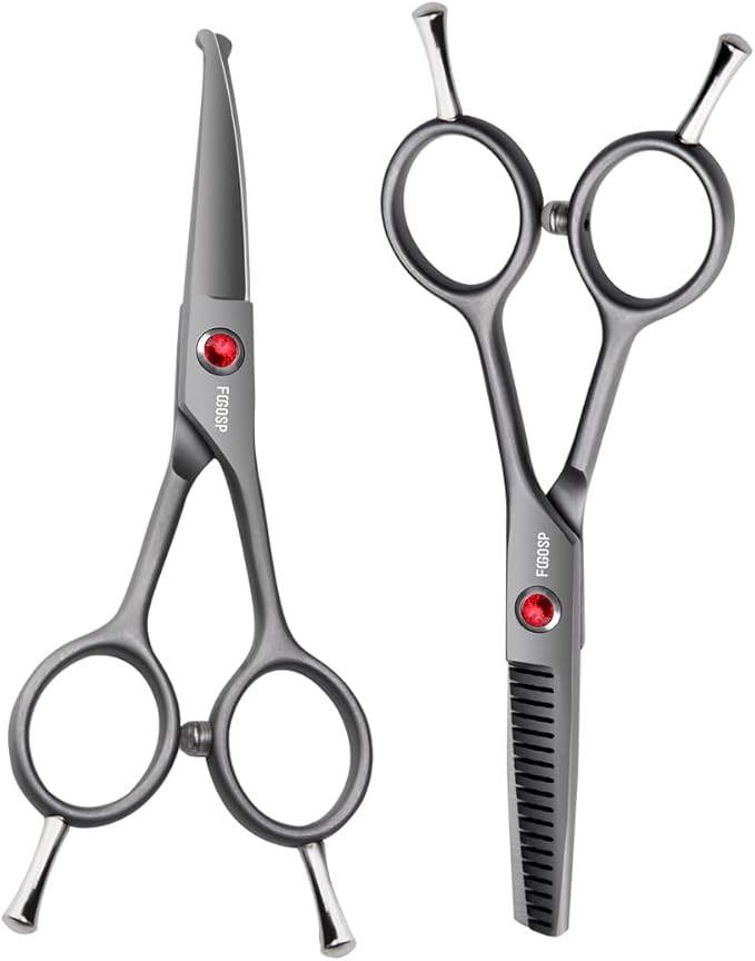 4.5" Dog Grooming Scissors - 2pcs Curved Scissors & Thinning Shears for Small Dog, Cat Face & Paws - Japan 440C (2Kit)-PurrikoPets