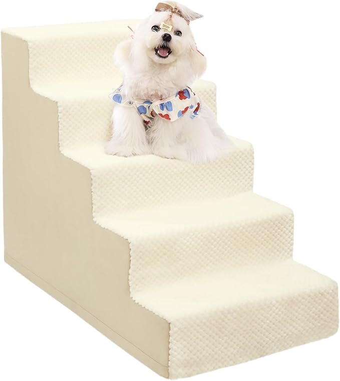 Dog Stairs for Small Dogs,22" H,5-Step Dog Steps for High Bed Couch and Sofa,Pet Stairs for Dogs and Cats Climbing with Non-Slip Bottom and Washable Cover,Beige-PurrikoPets