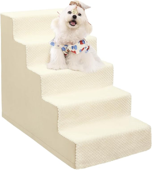 Dog Stairs for Small Dogs,22" H,5-Step Dog Steps for High Bed Couch and Sofa,Pet Stairs for Dogs and Cats Climbing with Non-Slip Bottom and Washable Cover,Beige-PurrikoPets