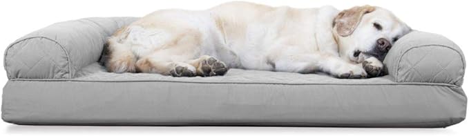 Furhaven Cooling Gel Dog Bed for Large Dogs w/ Removable Bolsters & Washable Cover, For Dogs Up to 95 lbs - Two-Tone Plush Faux Fur & Suede L Shaped Chaise - Stone Gray, Jumbo/XL-PurrikoPets