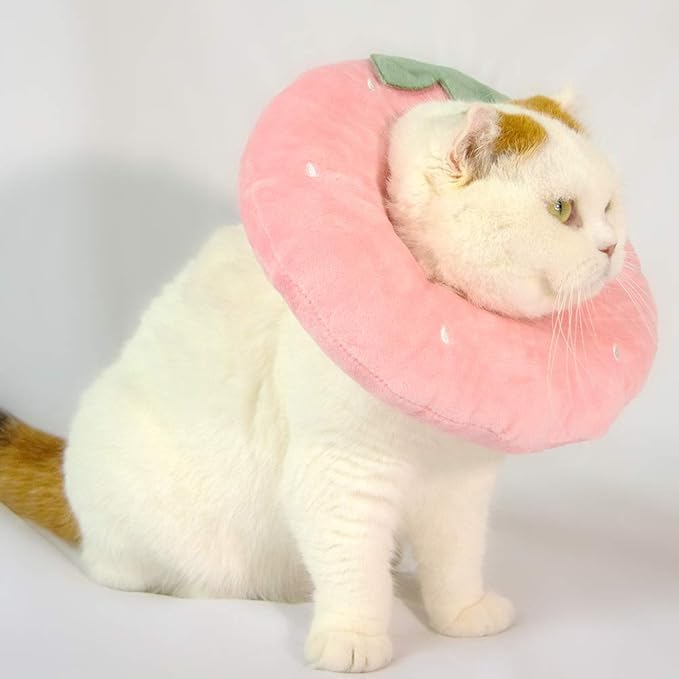 Adjustable Cat Recovery Collar Soft,Cute Pet E-Collar Neck Cone After Surgery Wound Healing Protective Cone Fit for Kitties, Small Dogs(ELC05-strawberry-s)-PurrikoPets