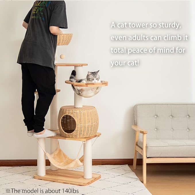 57'' Cat Tower for Large Cats, Manual Hand Woven Modern Multi-Level Condo with Natural Wood, Cat Activity Centre for Medium and Big Pets-PurrikoPets