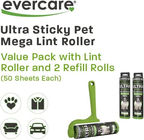Evercare Ultra Sticky Pet Mega Lint Roller Value Pack with Lint Roller and 2 Refill Rolls, 50 Sheets Each-PurrikoPets