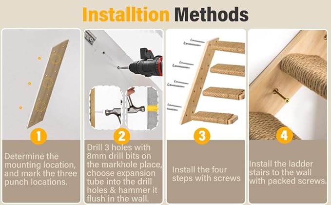 4-Step Cat Wall Shelves and Stairs With Sisal Rope - Improved & Stronger Tree Supplies, Large, Brownish White-PurrikoPets