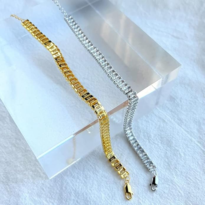 Solid Gold over S925 Sterling Silver Rectangle Cut Moissanite Tennis Bracelet, Geometric Adjustable Link Design, Trendy Gift for Fashion-Forward Women
