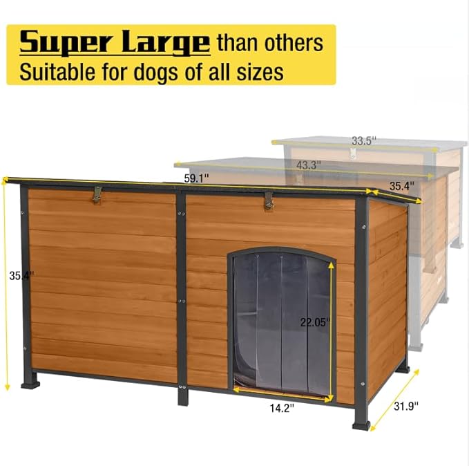 Aivituvin Dog House Outdoor 59" Extra Large Insulated Dog Kennel with Movable Insulation Liner,All-Around Iron Frame-PurrikoPets