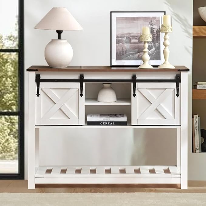 Entryway Table with Storage, Farmhouse Buffet Cabinet Coffee Bar Kitchen Island with Sliding Barn Doors & Shelves, Console Table for Kitchen, Dining Room, Living Room, White-PurrikoPets