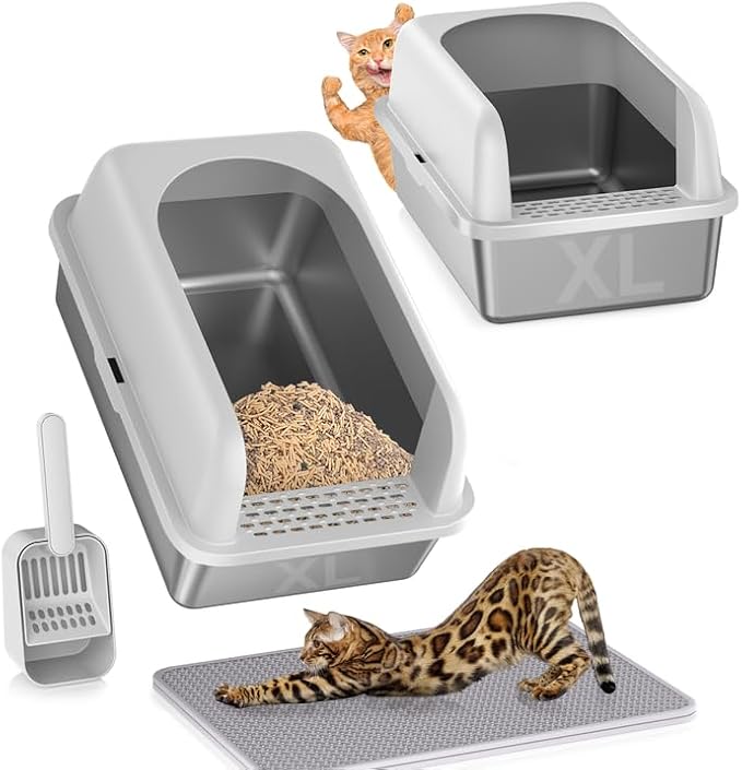 2 Pack Stainless Steel Litter Box, 24'' XL Extra Large Cat Litter Box with Lid, Metal Litter Boxes for Multiple Cats, Anti-Leakage,Non-Stick, Easy to Clean, Included Cat Litter Mat, Scoop-PurrikoPets
