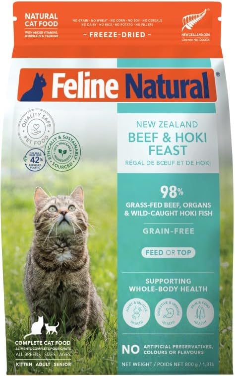 Feline Natural High Protein Dry Cat Food, Freeze-Dried Diet with 98% Meat, Organs & Seafood, No Peas, Grains, or Artificial Additives, Made in New Zealand, Beef & Hoki, 1.8lb-PurrikoPets