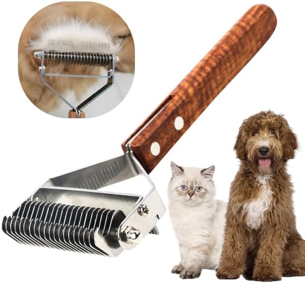 2 in 1 Dogs Cats Dematting Grooming Comb, Perfect Deshedding Undercoat Rake for Poodle & Goldendoodle, Efficiently Detangling Shedding Loose Hair & Matted Fur, All Long Haired Pet (Dark)-PurrikoPets