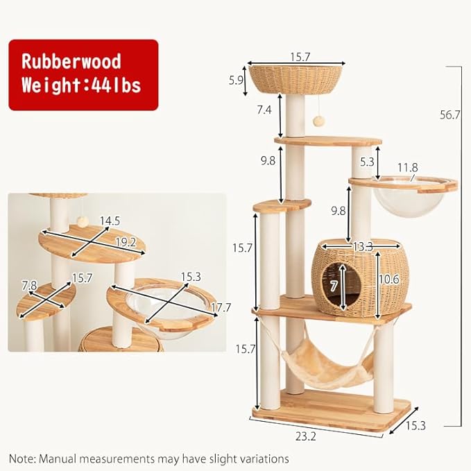 57'' Cat Tower for Large Cats, Manual Hand Woven Modern Multi-Level Condo with Natural Wood, Cat Activity Centre for Medium and Big Pets-PurrikoPets