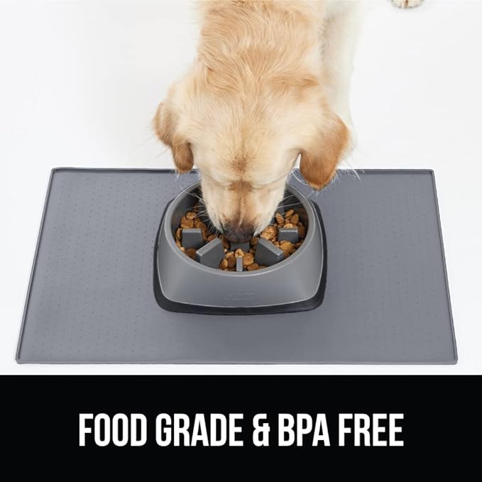 GORILLA GRIP 100% Waterproof Raised Edge BPA Free Silicone Pet Feeding Mat, Dog Cat Food Mats Contain Spills Protects Floors, Placemats for Cats and Dogs Water Bowl, Pets Accessories 18.5x11.5 Gray-PurrikoPets