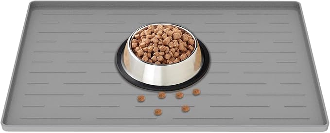 18" x 12" Dog Food Mat, Silicone Pet Mats for Food and Water, Nonslip Pet Feeding Mats for Floors, Dog Cat Bowl Mat with Raised Edges, Light Gray-PurrikoPets