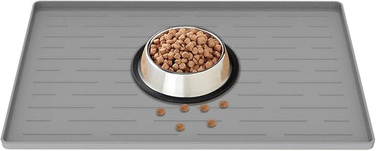 18" x 12" Dog Food Mat, Silicone Pet Mats for Food and Water, Nonslip Pet Feeding Mats for Floors, Dog Cat Bowl Mat with Raised Edges, Light Gray-PurrikoPets