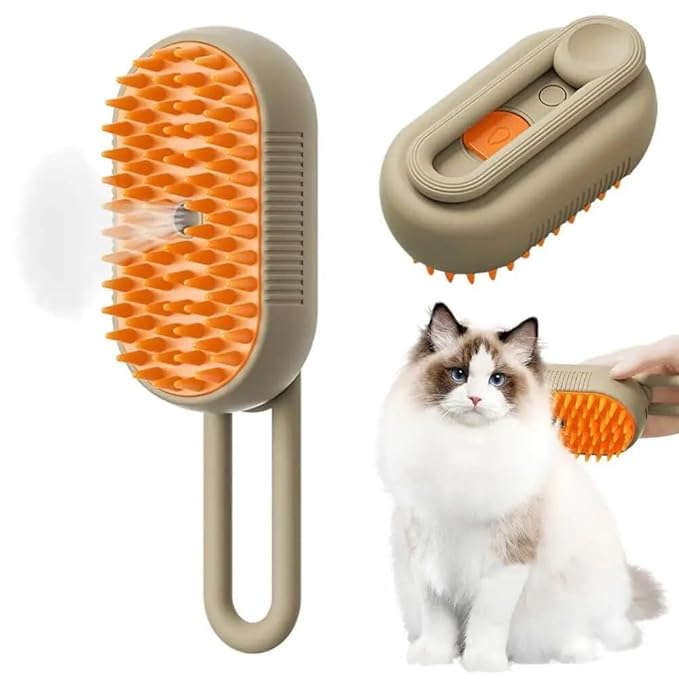 2024 Multifunctional Pet Brush for Detangling and Hair Removal - 3-in-1 Grooming Comb with Massage Function for Cats and Dogs (Khaki)-PurrikoPets