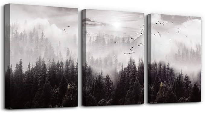 Framed Canvas Art - Boho Wall Decor Set of 3: Foggy Forest Trees Scenery for Living Room, Bedroom, Office, Farmhouse, Home Decoration-PurrikoPets