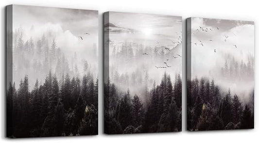 Framed Canvas Art - Boho Wall Decor Set of 3: Foggy Forest Trees Scenery for Living Room, Bedroom, Office, Farmhouse, Home Decoration-PurrikoPets