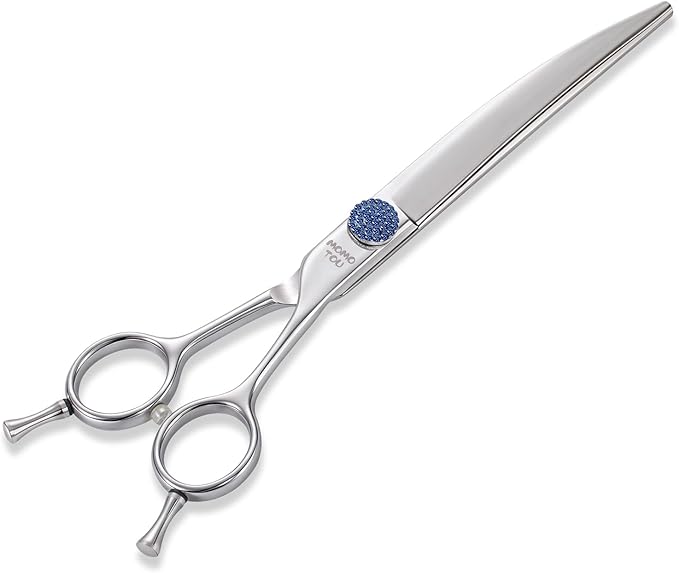 7'' Dog Grooming Scissors CNC 440C Blades Sharp and Durable Polished Curved Dog Shears with Blue Diamond Adustable Screws Easy to Use for Groomer and Home User-PurrikoPets