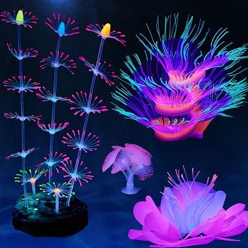 4 Pack Silicone Glowing Fish Tank Decorations Plants,Aquarium Fish Tank Glow Ornaments,Artificial Sea Anemone Coral Decor with Glowing Effect for Glow Fish Aquarium-PurrikoPets