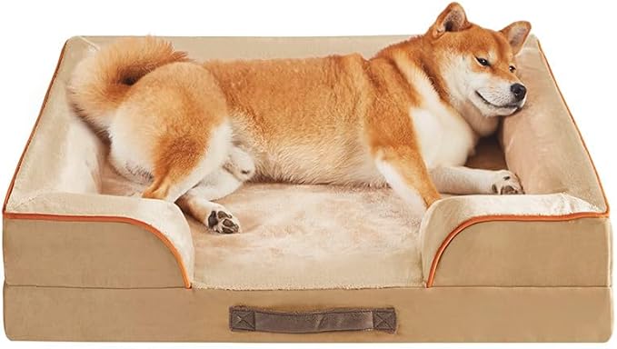 Friends Forever Orthopedic Dog Bed for Medium Dogs, Waterproof Memory Foam Dog Sofa Bed M with Removable Washable Cover, Ally Khaki, 28x23x6.5-PurrikoPets