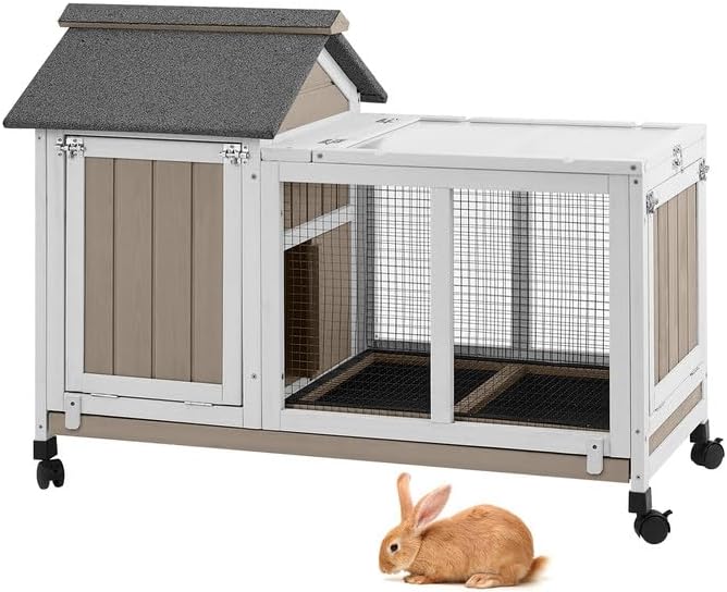 38''L Rabbit Hutch Outdoor Indoor with Wheels, Wooden Expandable 2 Story Bunny House Rabbit Cage with Run, Waterproof Roof, Pull Out Tray, Guinea Pig Cage Chicken Coop for Small to Medium Pets-PurrikoPets
