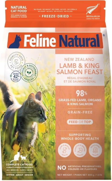 Feline Natural High Protein Dry Cat Food, Freeze-Dried Diet with 98% Meat, Organs & Seafood, No Peas, Grains, or Artificial Additives, Made in New Zealand, Lamb & King Salmon, 1.8lb-PurrikoPets