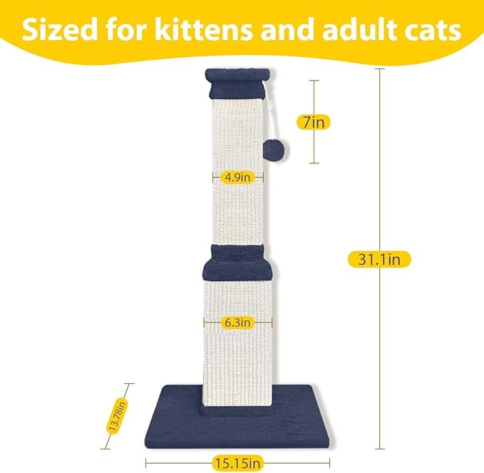 AGYM Cat Scratching Post, 32 Inch Cat Scratch Post for Cats and Kittens, Protect Your Furniture and Exercise Cats, Nature Sisal Modern Cat Scratcher for Indoor Cats, Blue-PurrikoPets