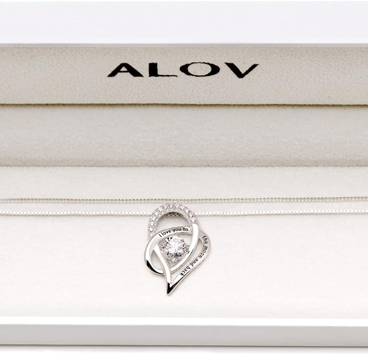 ALOV Jewelry Sterling Silver "I Love You To The Moon and Back" Love Heart Cubic Zirconia Pendant Necklace