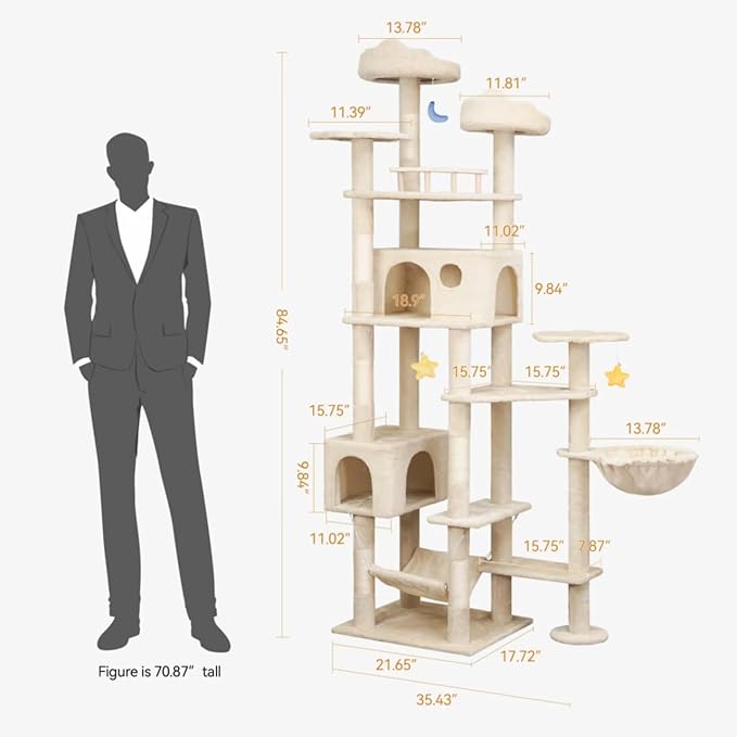 85inch Heavy Duty Cat Tree for Indoor Cats Large Adult, Tall Giant Cat Tower with Scratching Post, Large Perches, Cozy Cat Condos & Hanging Hammocks, Beige-PurrikoPets