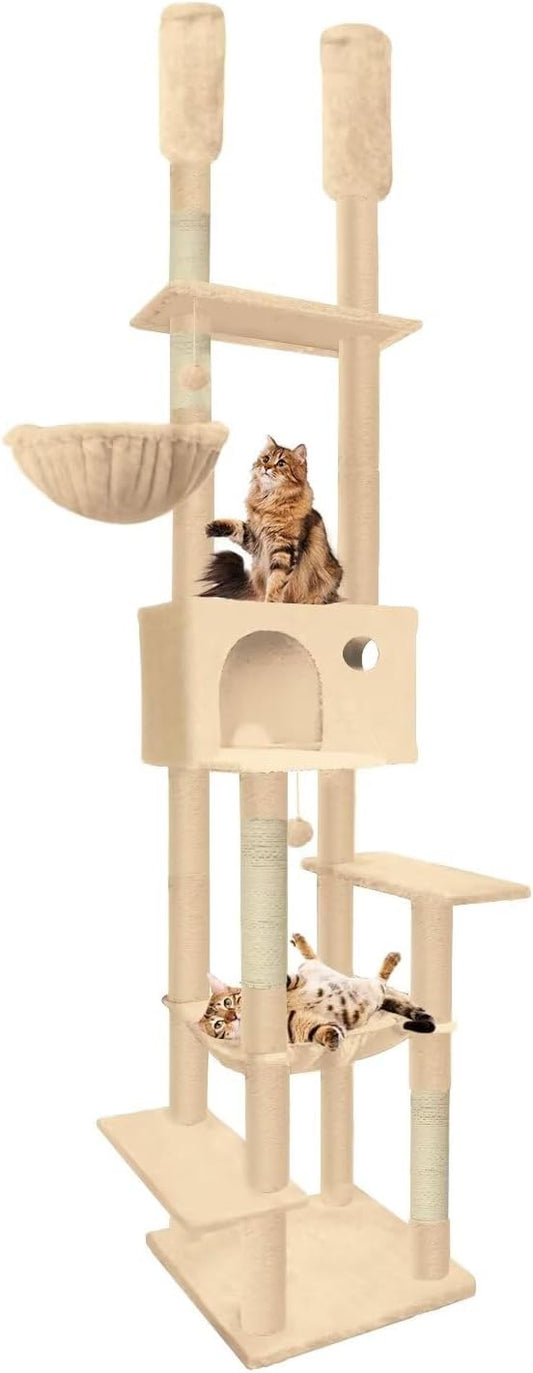 96.5"-108" Cat Tree Floor to Ceiling 7-Tier Cat Tower Adjustable Height with Scratching Posts, Cozy Hammock, Cat Condo for Indoor Cats(Beige)-PurrikoPets