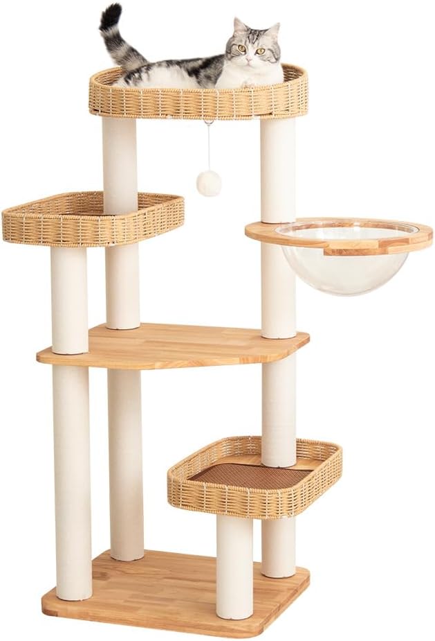 48'' Cat Tree for Large Cats, Modern Cat Tree Multi-Level Condo with Natural Wood, Cat Activity Centre for Medium and Big Pets (White LS02)-PurrikoPets