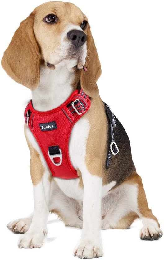 Funfox Dog Harness No Pull, Adjustable Pet Vest Harness, Super Soft Material with Vertical Handle Easy Control, Reflective Night Walking, 2 Leash Clips for Medium Sized Dogs, Red, M-PurrikoPets
