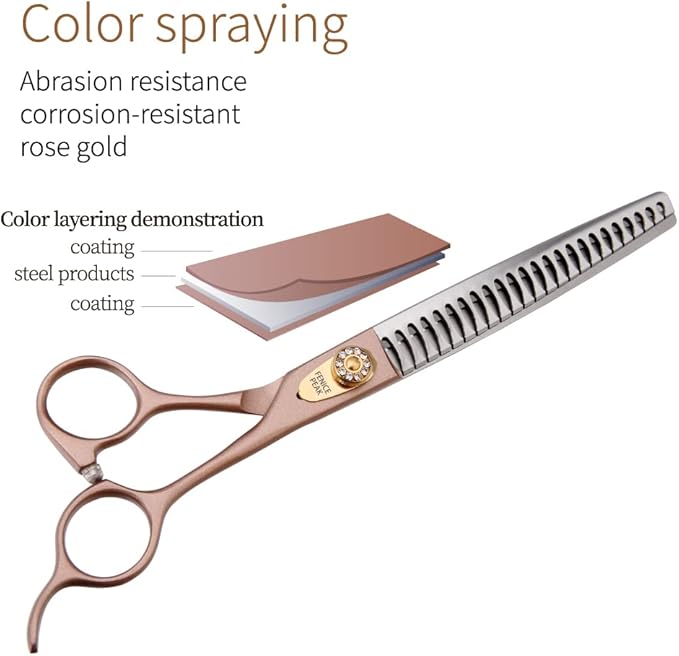 Fenice Peak 7.5‘’ Professional Dog Grooming Scissors Set Rose Gold 440C Stainless Steel Straight Thinning Curved Chunker Shears 4pcs Set for Pet Grooming Services Dogs and Cats-PurrikoPets