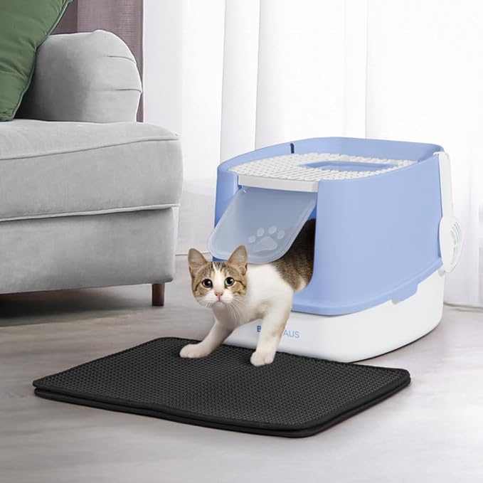 Fully Enclosed Cat Litter Box w/Lid, Scoop, Cat Mat & Odor Fitter, Large Plastic Cat Toilet with Double Door, Anti-Splashing Cat Litter Box with Lockable Front Door, Blue-PurrikoPets