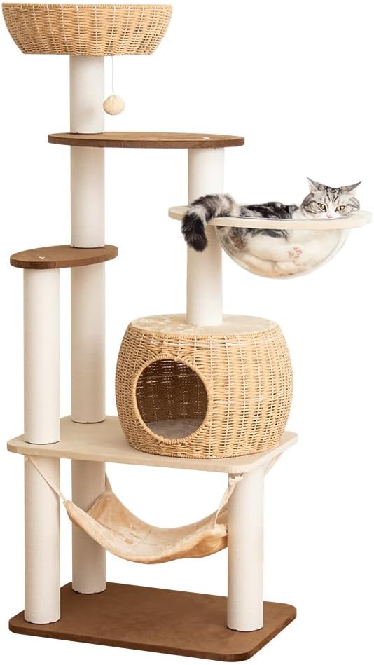 56.6in Large Wooden cat Tower for Large Multiple Cats,cat Tree with Observation Deck, Suitable for Summer and Winter 144CM (Particleboard)-PurrikoPets