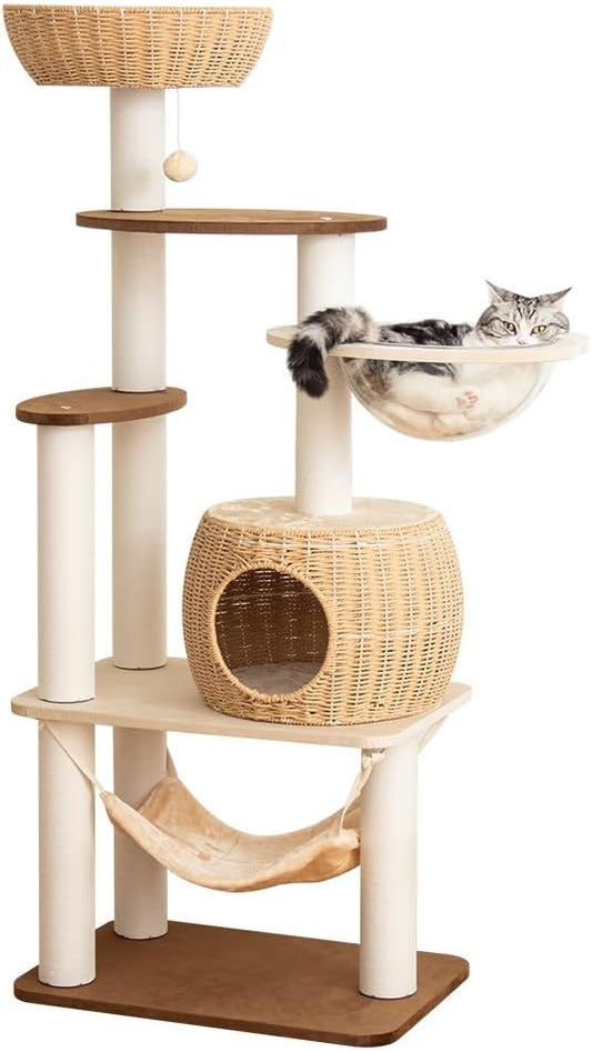 56.6in Large Wooden cat Tower for Large Multiple Cats,cat Tree with Observation Deck, Suitable for Summer and Winter 144CM (Particleboard)-PurrikoPets