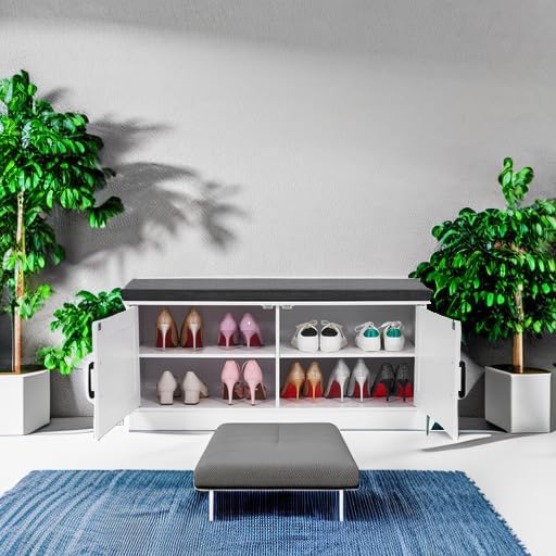 2-Tier Storage Bench, Shoe Bench with Padded Seat Cushion, Entryway Bench with 2 Barn Doors, Adjustable Shelf, 13.8" D x 39.4" W x 17.7" H, for Entryway, Living Room, Bedroom, White-PurrikoPets