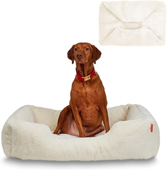 FUZI Luxury Aesthetic Dog Bed with Extra Cover for Large Dogs, Washable Pet Couch, Pet Bed with Sides, Non-Slip Bottom, Soft and Durable Calming Dog Bed, Faux Fur, Large 35.6x28.5x9.5 Soft White-PurrikoPets