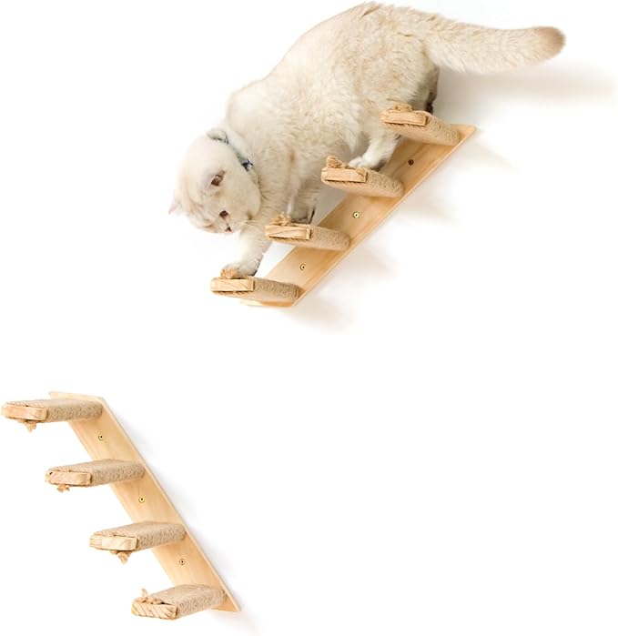 4-Step Cat Wall Shelves and Stairs With Sisal Rope - Improved & Stronger Tree Supplies, Large, Brownish White-PurrikoPets
