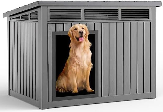 Dog House Indoor Outdoor,Resin Waterproof Puppy Shelter with Air Vents and Elevated Floor,Air Rod on Top to Open,Dog Kennel for Small to Large Dogs(Grey,42.87 * 32.95 * 31.61)-PurrikoPets