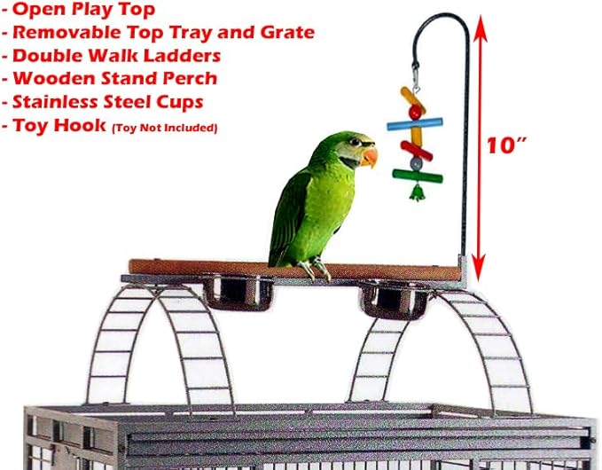 Extra Large Castle PlayTop Parrot Rolling Cage for Large Macaws Cockatoos African Grey Amazon (32" L x 23" W x 66" H WhiteVein)-PurrikoPets