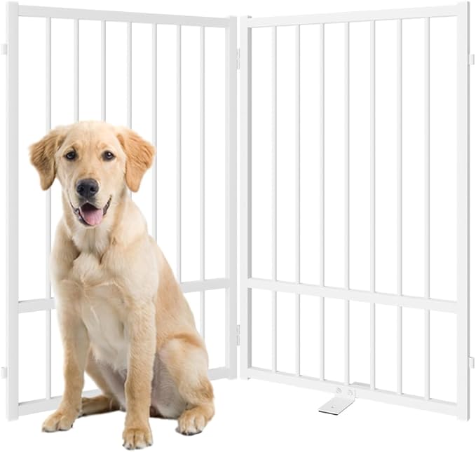 Full Metal Freestanding Dog Gate with Door, 32''Height Foldable Pet Dog Fence for Indoor & Outdoor, 2 Panels Extra Wide Free Standing TallDog Gates for Doorways,House,Stairs,Porch,Deck,Yard-PurrikoPets