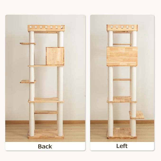 74" Wooden Cat Tree Tower for Large Cats, Multi-Level Cat Climbing Furniture with Scratching Posts, Cat Condo & Hammock, Natural Wood Cat Activity Center (White)-PurrikoPets