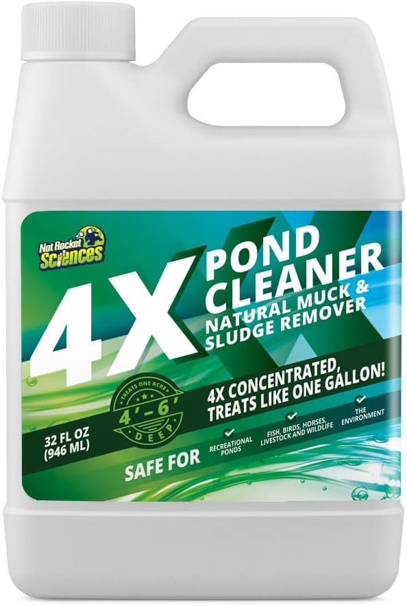 4X Pond Cleaner - Reduces Muck & Sludge for a Clean, Natural Look - Super Concentrated Lake and Water Feature Enzymes Treats Up to 1 Acre, Pair with Dye - Safe for Fish and Wildlife (32 oz)-PurrikoPets